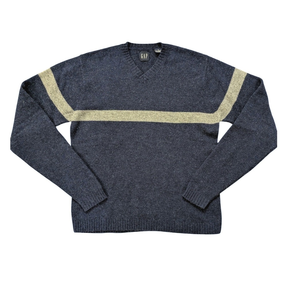 Y2K Gap Mens V-Neck Sweater M Navy Blue 100% Lambswool Stripe Vintage Pullover